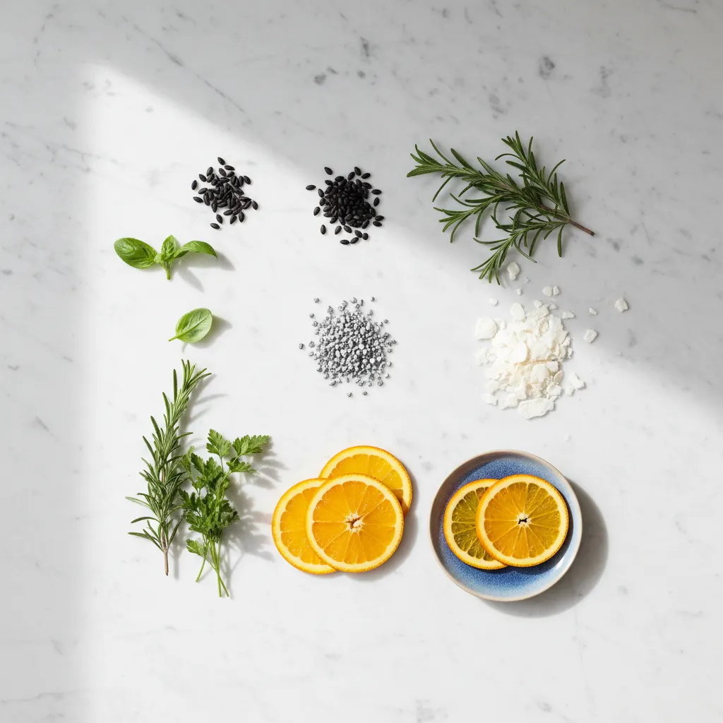 Naturliga ingredienser för kosttillskott - zink, magnesium, vitamin C och selen på vit marmorbänk